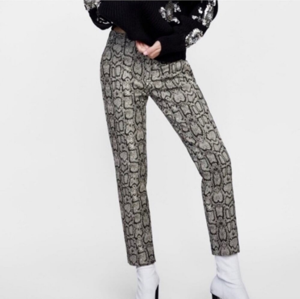 Zara Woman Gray Tan Black Snakeskin Animal Print Straight Leg Pants Size 6 30"